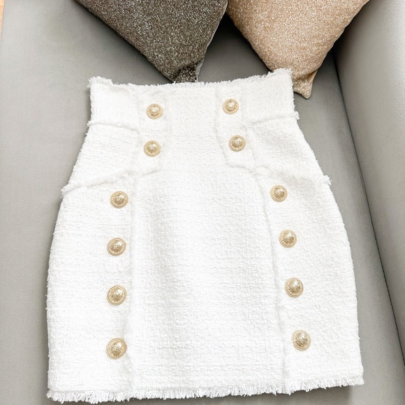 Balmain White Tweed Double Breasted High Waisted Button Fringe Skirt - Picture 2 of 7